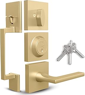Mega Handles Gold Entry Door Handleset - Single Cylinder Handleset with Lever for Entrance and Front Doors - Modern Door Handles with Design for Left and Right-Handed Doors - Straight Handle
