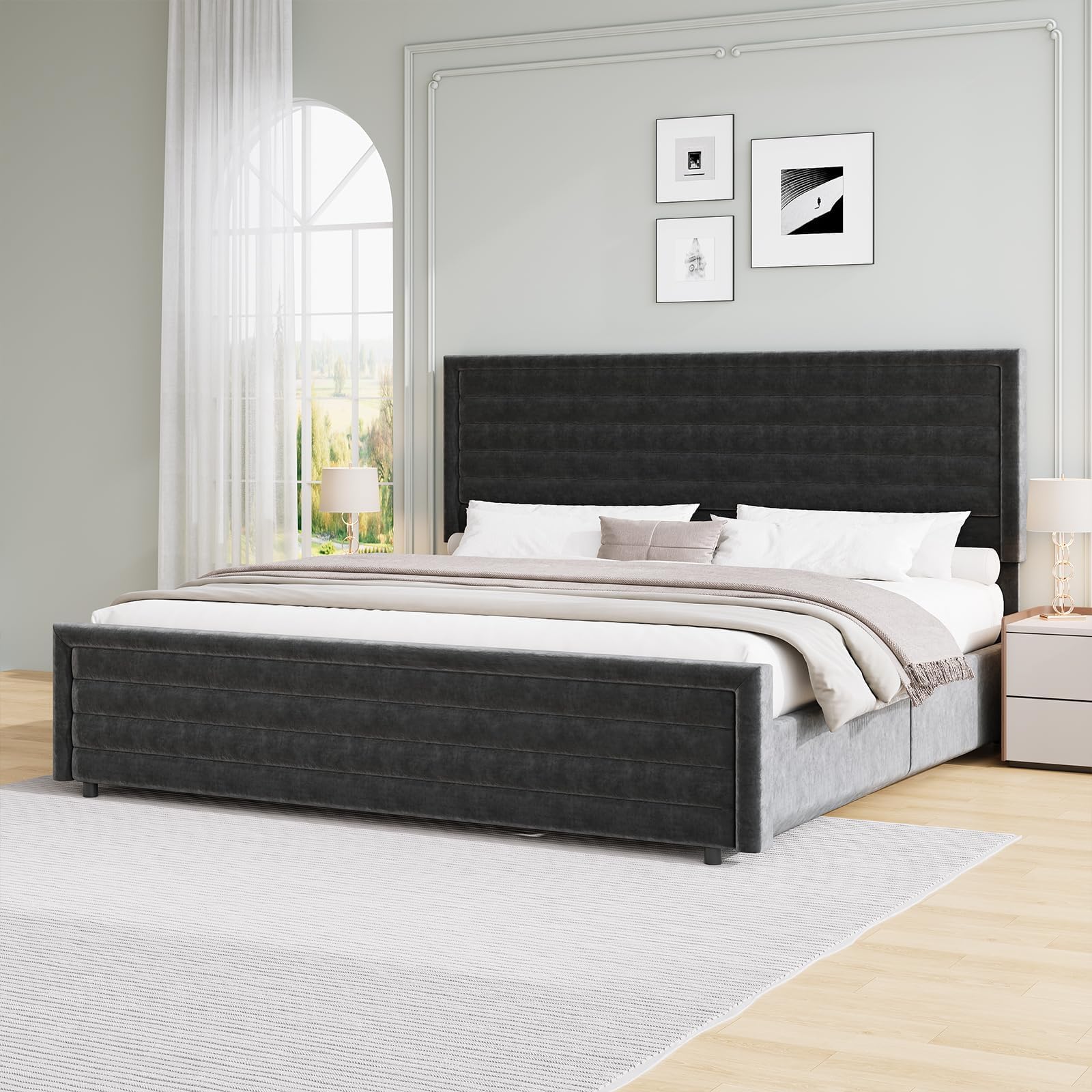 King Size Bed Frame Upholstered Platform Bed with Velvet Headboard and Footboard Mattress Foundation with Wooden Slats No