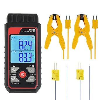 Digital K Type Thermocouple Thermometer -3282500F, Dual Channels Thermometer with 2 HVAC Temperature Clamps & 2 Wired Thermocouple Probes, LED Backlight & ADJ Compensation Temperature Meter Tester