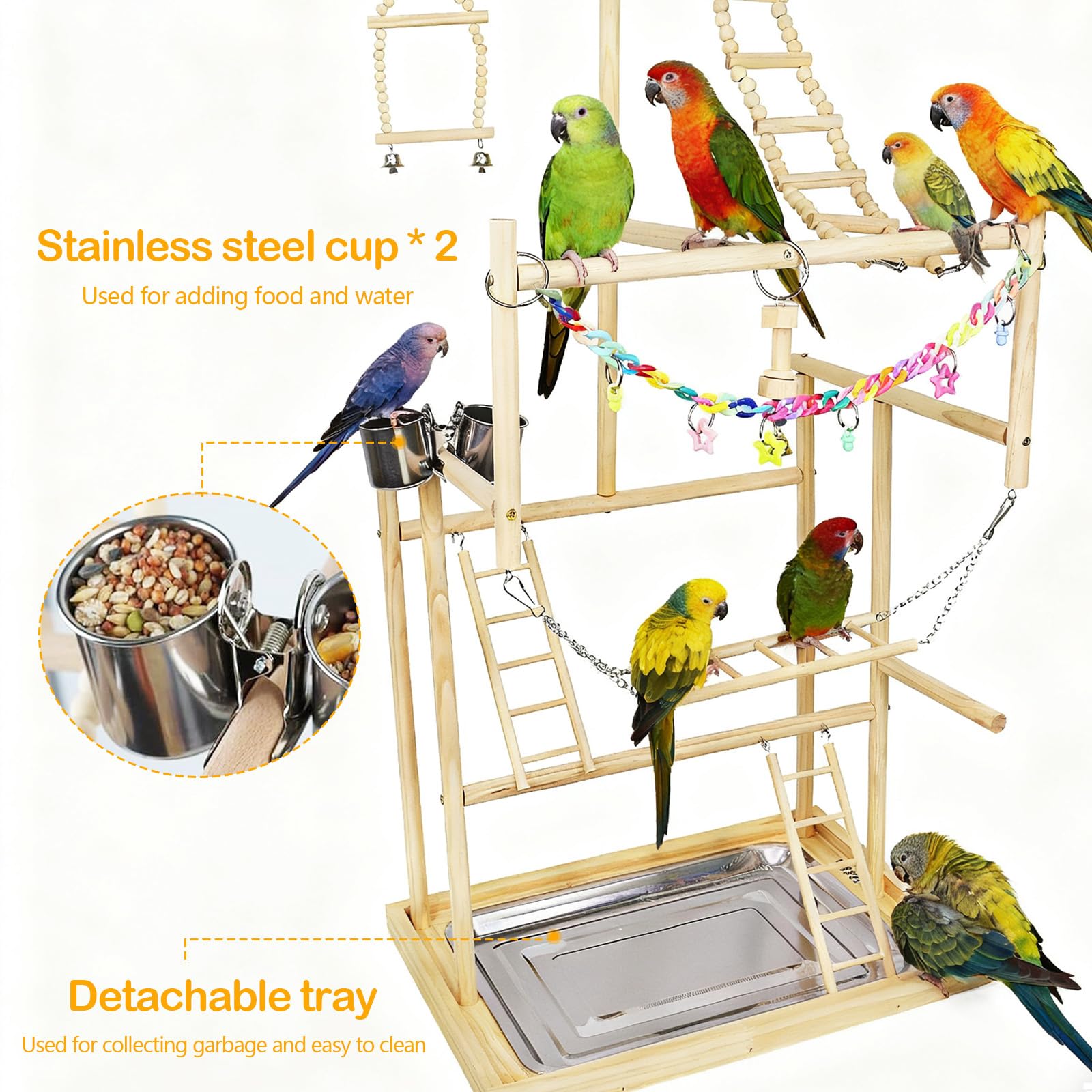 Parco Giochi per Uccelli 48 x 35 x 95 cm Legno a 4 Strati Tazze Acciaio Inossidabile Catena Plastica Colorata Vassoio Metallo Rimovibile