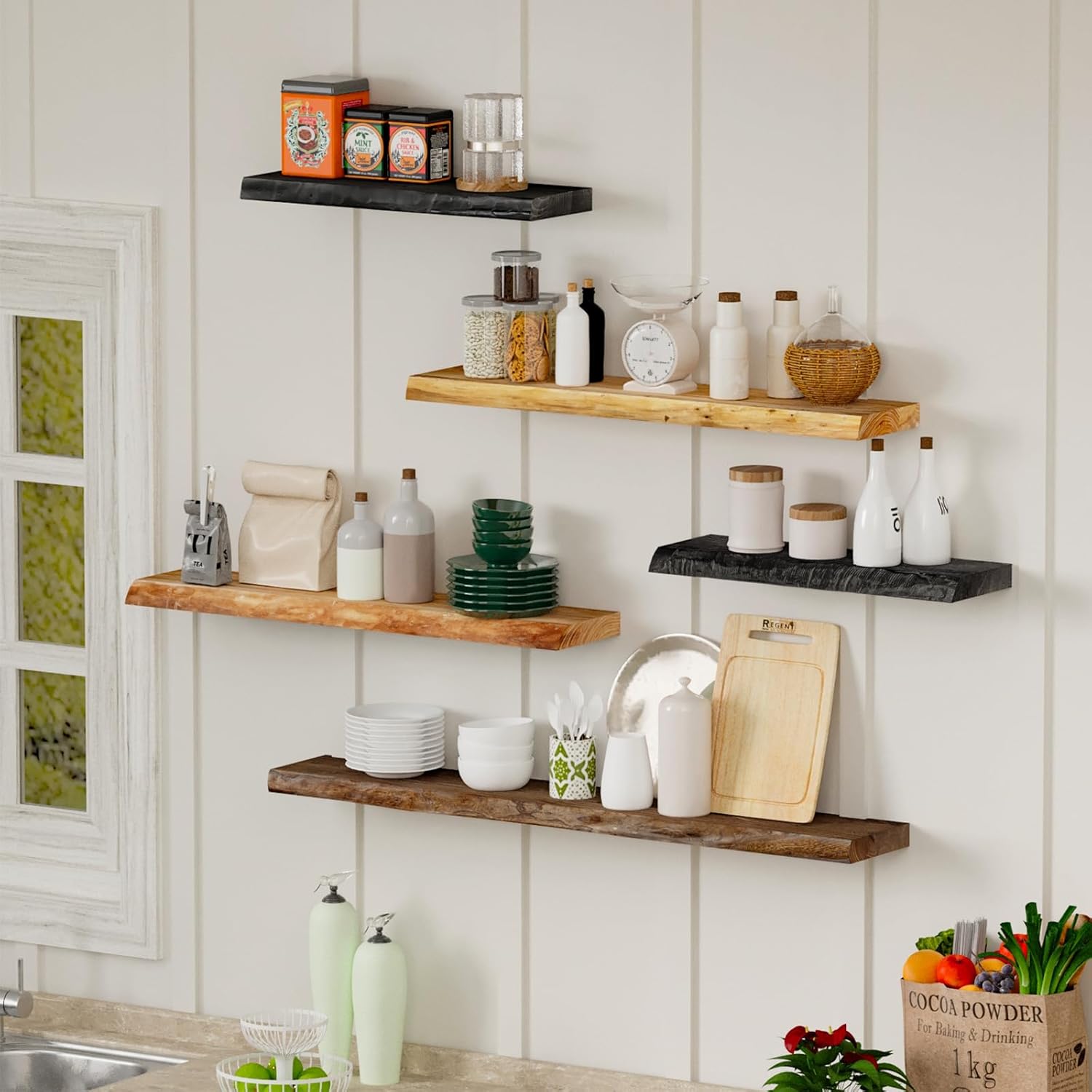 SAUMONIERES Live Edge Floating Shelves for Bedroom Living Room Wall Mounted Storage Long Natural Elm Wood Shelf Large Heavy Duty 8 Inch Deep, 24 inch Set of 2 Walnut Floating Shelves