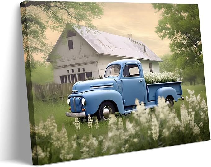 Rustic Vintage Old Truck Wall Art,Farmhouse Blue Car with