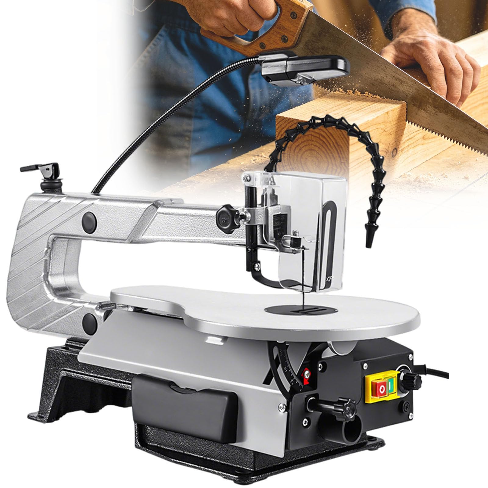 Ymnogjie Electric Fret Saw/Scroll Saw 150W Motor | 5.7cm Cutting Height | 0–45° Tilting Table | Variable Speed Scroll Saw with Flexi LED Light,Saw Blades,for Wood,Plastic,Metal