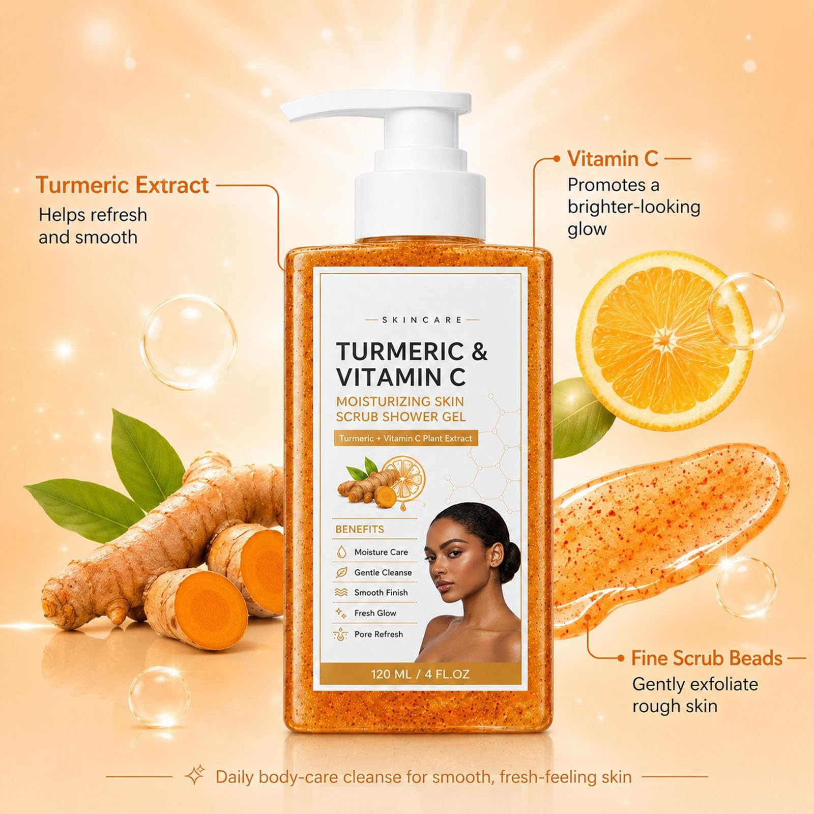 Turmeric Vitamin C Hydrating Body Wash, Kurkuma Duschgel, Strahlendem Teint, duschgel langanhaltender duft - Sanftes Körperpeeling gegen Trockenheit - 120 ml (3 PCS)