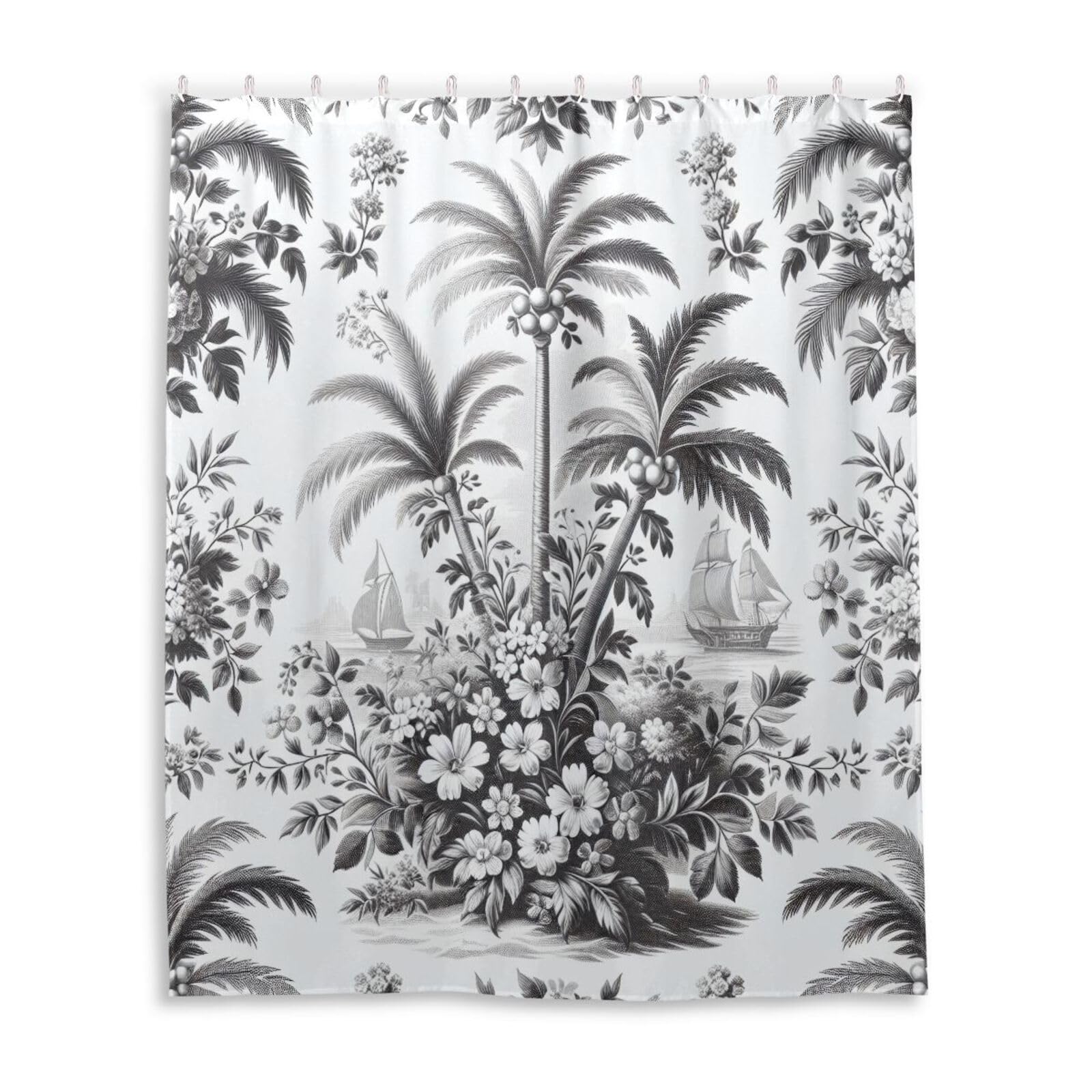 FLildon Shower Curtain Retro Flowers and Palms Curtain for Bathroom, Bathtub Decor, Waterproof Fabric with Hooks, 60 x 72 Inches