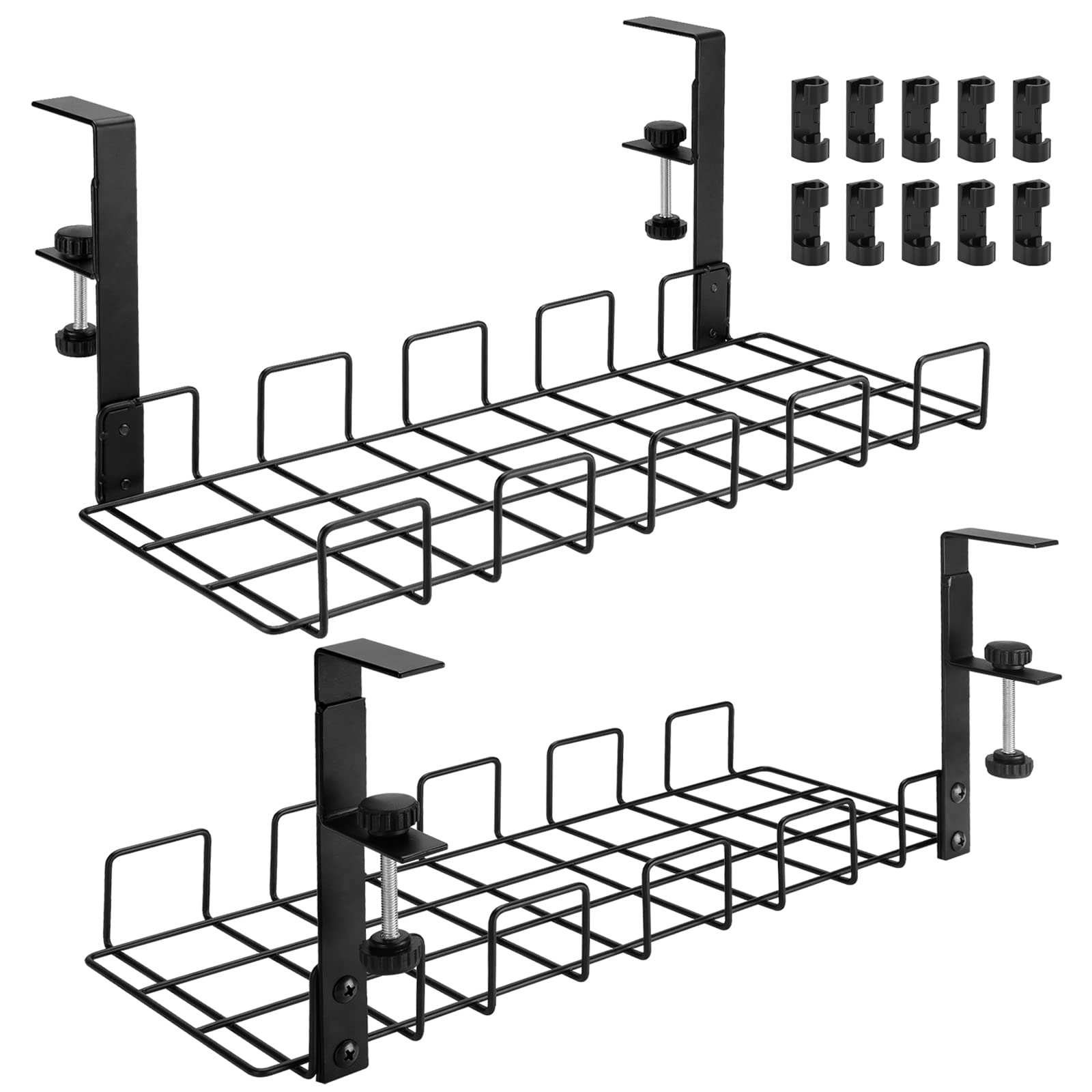 Cable Management Under Desk Cable Tidy, 2 Pack No Drill Under Desk Cable Management Tray, Widen Heighten Metal Cable Tray Basket with Cable Clips Organiser Silicone Pad for Office and Home