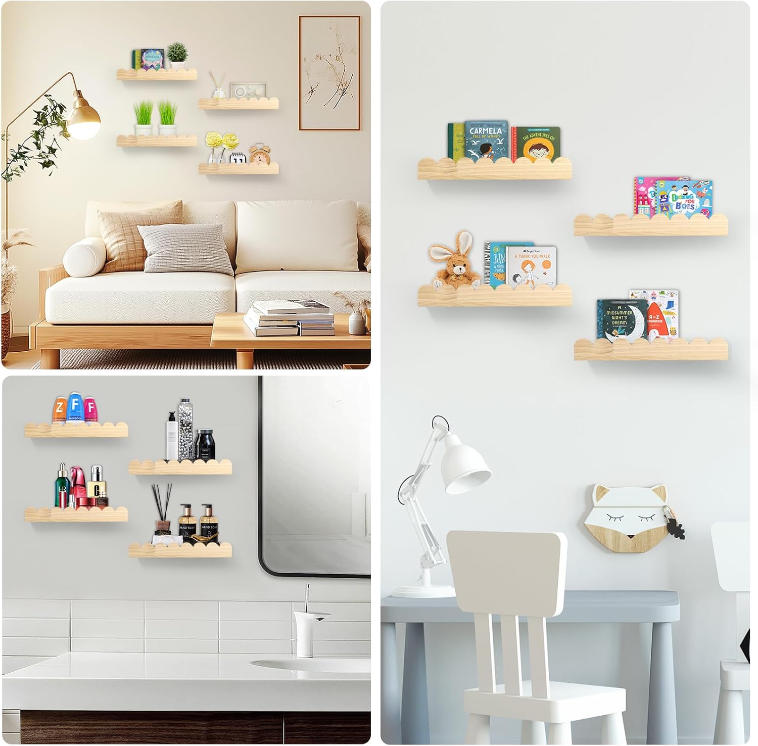 Floating Scalloped Shelves for Nursery - Nursery Bookshelf for Wall Set of 4, Floating Wall Book Shelves for Bedroom Kids, 16 Inch, Natural