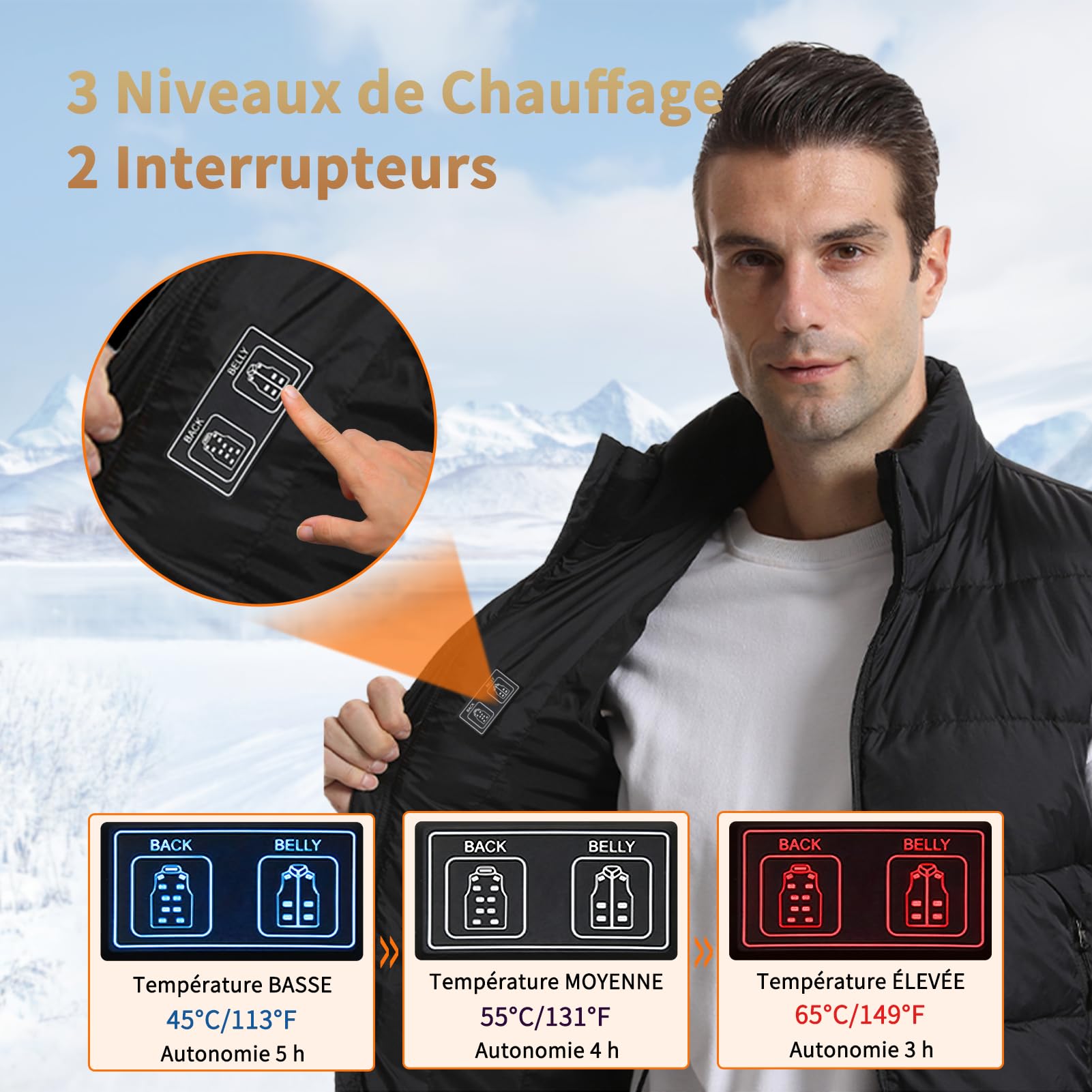 Chaleco Calefactable Hombre con Batería USB 10000mAh, 3 Temperatura Ajustable con 15 Zonas Calefactables, Chaqueta Térmica para Deportes Motorizados Viajes al Aire Libre Ciclismo Esquí
