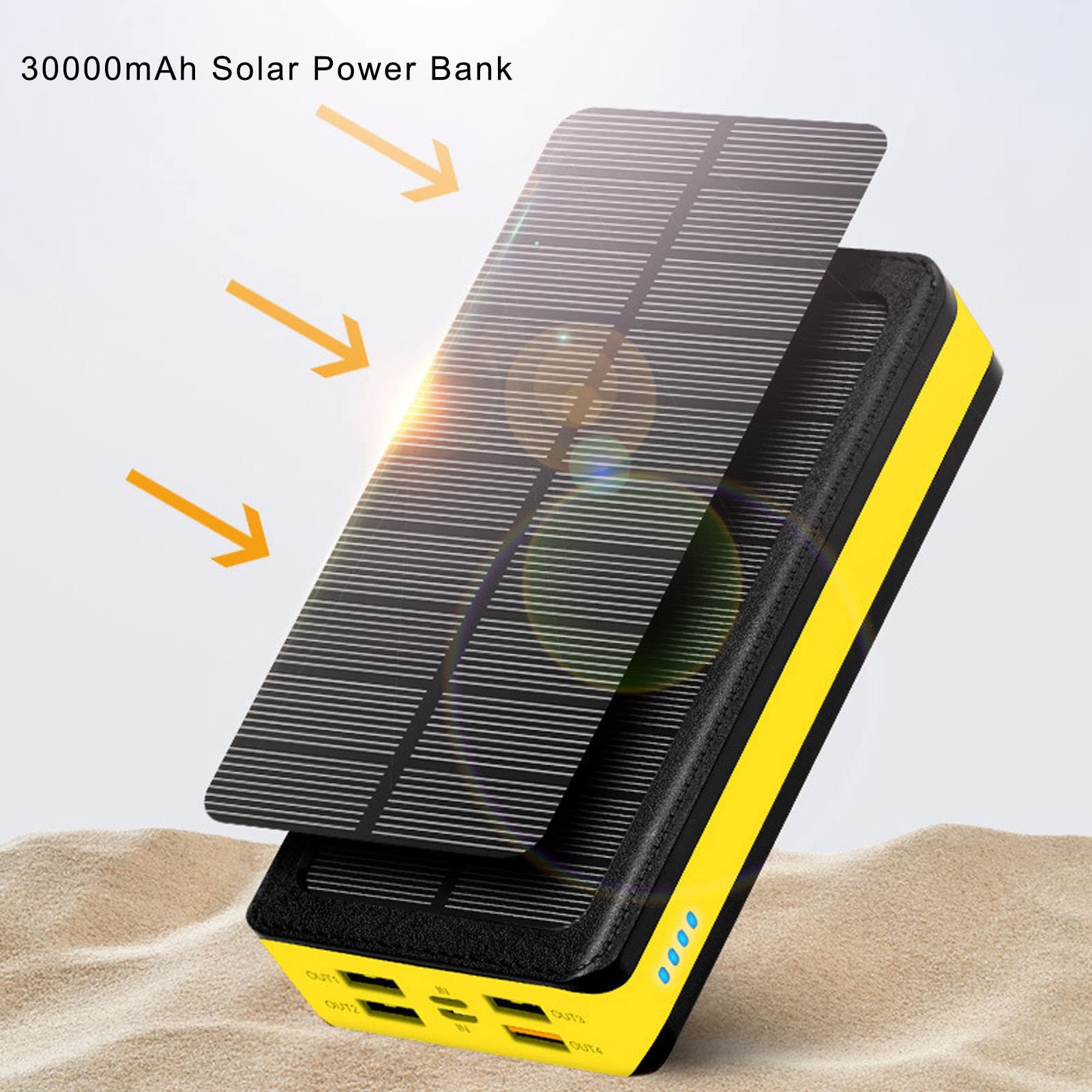 Hyuduo Power Bank Solare da 30000 MAh, 4 Porte di Uscita USB Caricatore Portatile con 66 LED 3 modalità di Illuminazione Power Bank LED da 40 W per Campeggio Alpinismo Pesca Viaggi