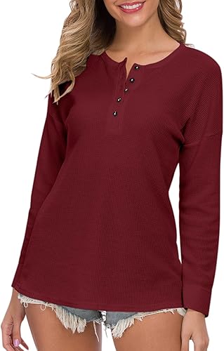 Miniatura 4 de MOLERANI Camisetas tipo túnica de punto gofre para mujer, holgadas, de manga larga, con botones, cuello en V, camisas Henley
