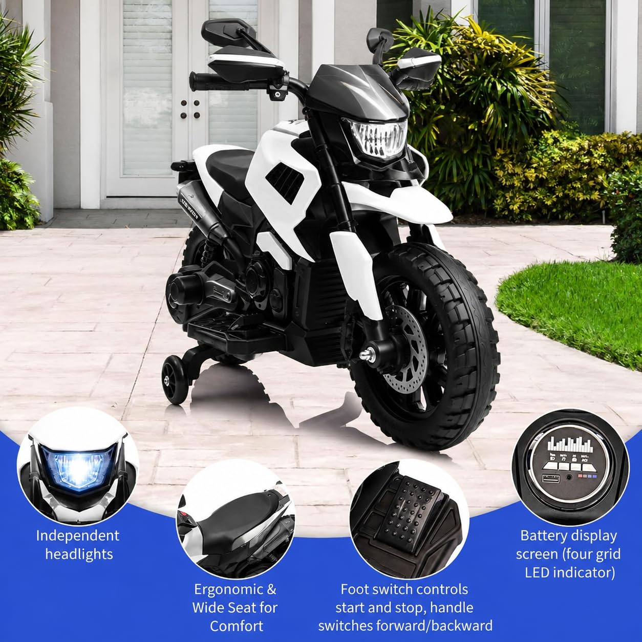 Garvee Moto Elettrica per Bambini 6V con Ruote Stabilizzatrici | Fari LED, Musica, MP3, USB, Batteria 6V4Ah, Velocità 3-8 km/h, Carico 30 kg, per Bambini 3-6 Anni, 85x42x58 cm, Bianco