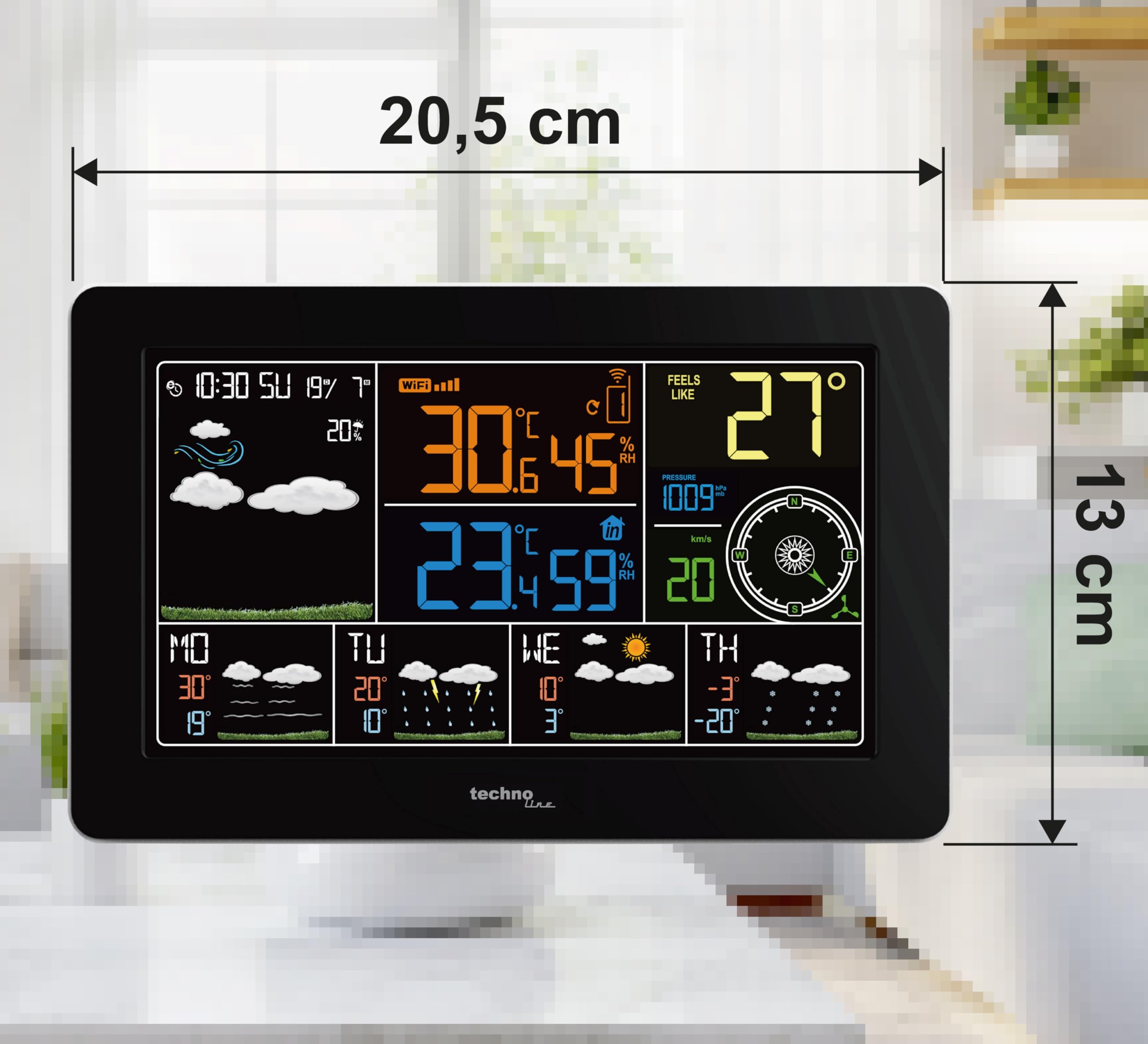 techno line WD2700 Wetterstation – Präzise Wettervorhersage mit Außentemperatur, Luftfeuchtigkeit, Uhrzeit & Windgeschwindigkeit | WLAN-fähig, App-kompatibel, 7 Wettericons, LCD-Farbdisplay