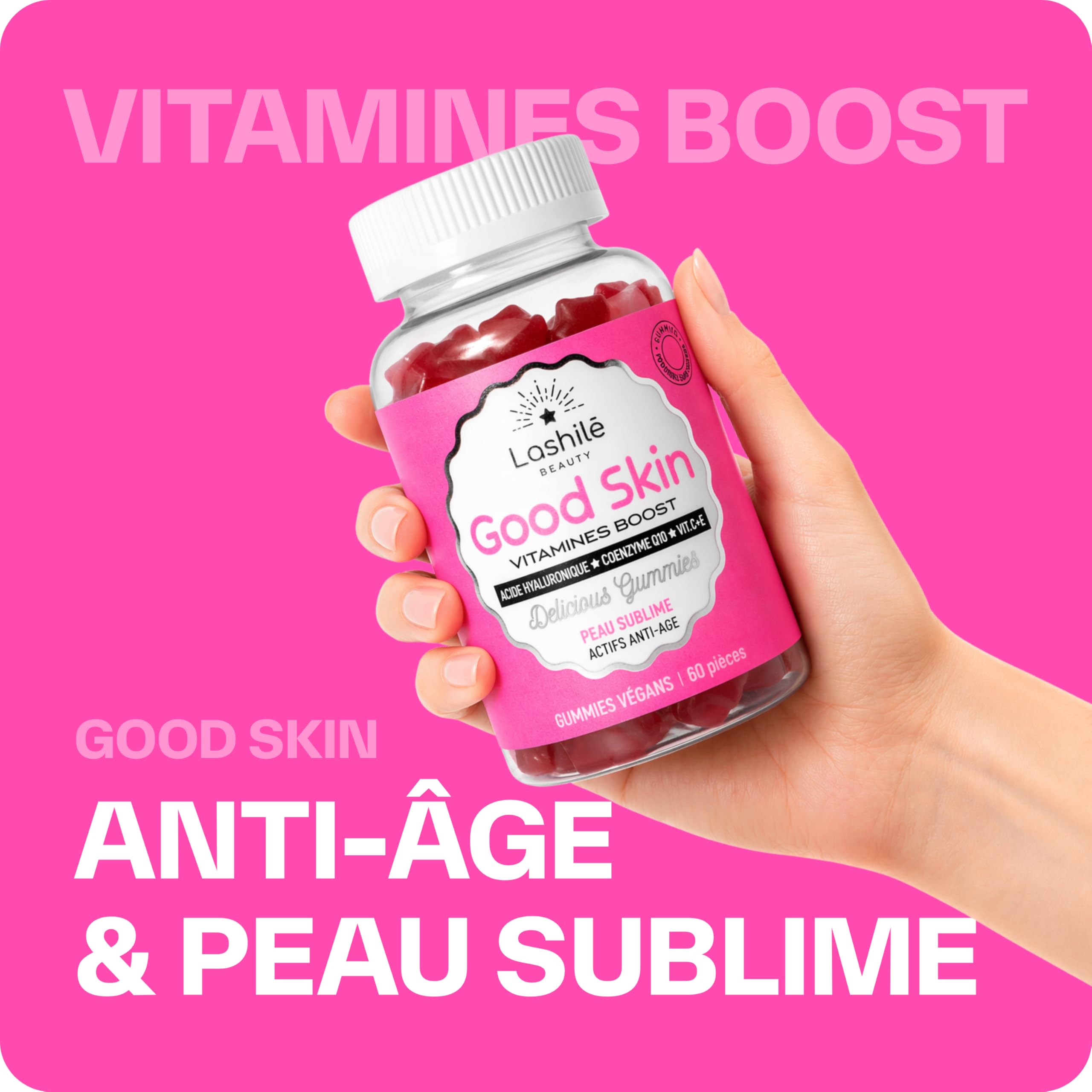 Lashilé Beauty - Gummies Anti-Âge + Anti-Rides - Fermeté & Éclat de la peau - Good Skin Vitamines -Complément Alimentaire Peau - Acide Hyaluronique Q10 Vitamines C & E - Cure 3 Mois 180 Gummies