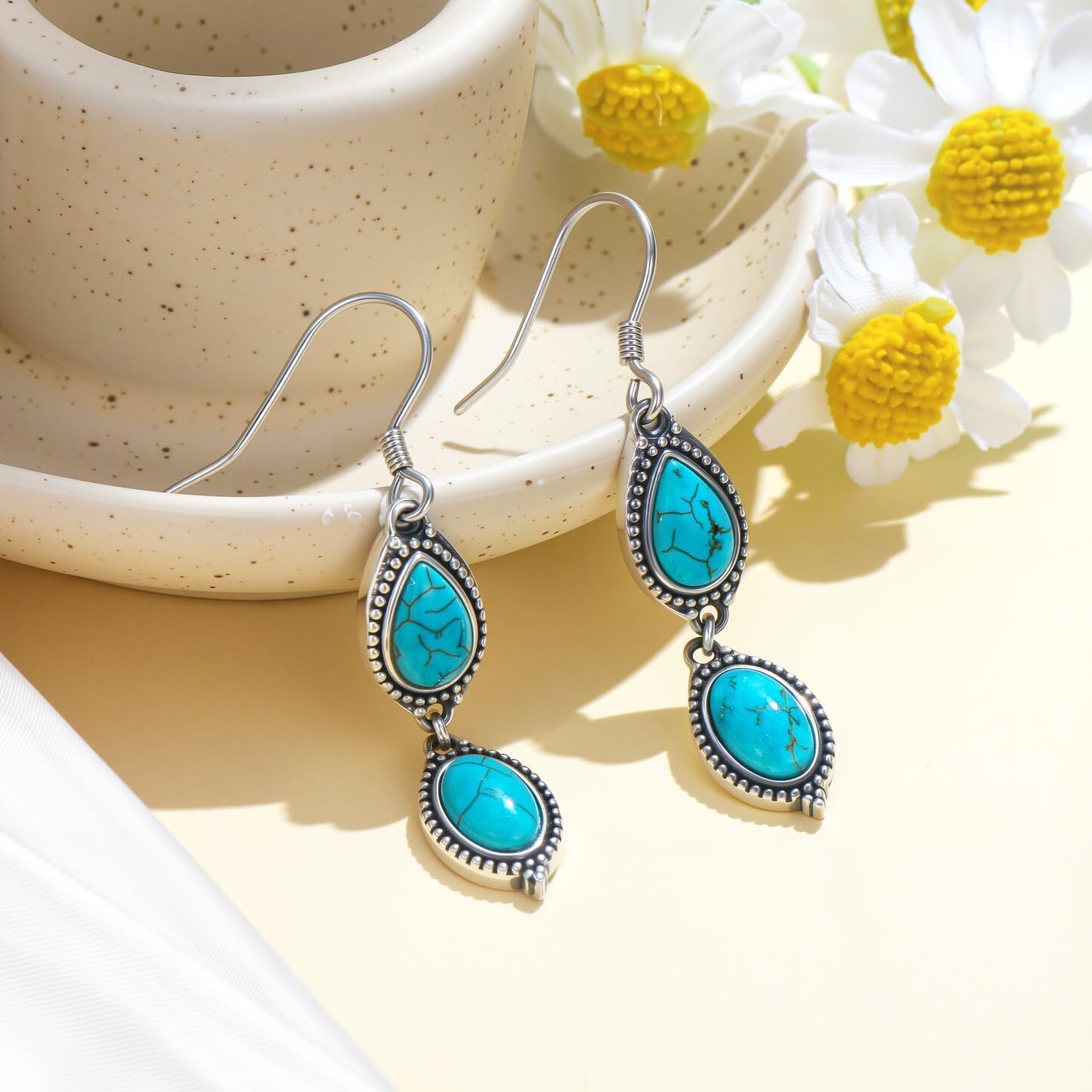 Genuine Turquoise Dangle Teardrop Earrings, Sterling Silver Vintage Native American Western Boho Earrings Jewelry for Women