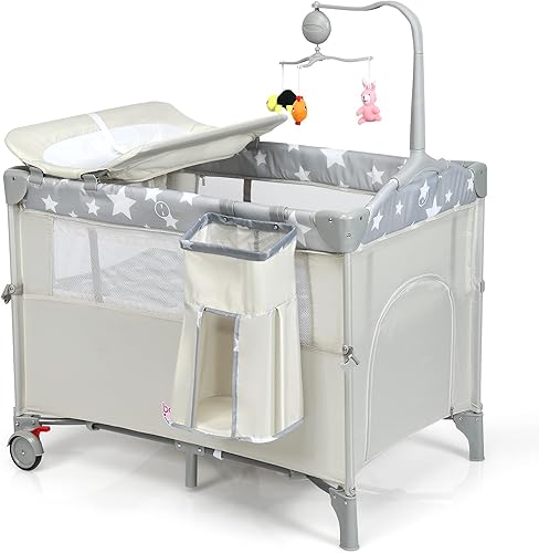 Miniatura 5 de HONEY JOY Empaca y juega con el moisés, cama 5 en 1 con cambiador de pañales y bolsa de almacenamiento, arco de juguete y caja de música, riel