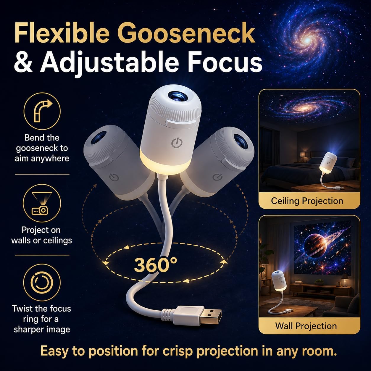 HD Smart 5D Holographic Night Light Projector, 2-in-1 Galaxy Star Projector Night Light with 360° Rotation, Adjustable Brightness for Bedroom (3 Projection Films) image 5