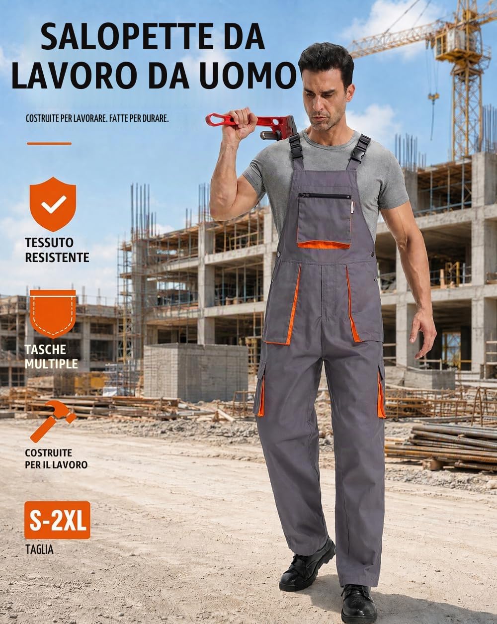 Salopette da Lavoro da Uomo Pantaloni Lunghi Salopette Tuta da Lavoro con Bretelle, Grigio, L