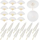 Paterr 24 Pcs 33'' Paper Umbrellas 8'' Paper Fans Decorative Chinese Japanese Parasol DIY Painting Crafts for Wedding Bridal Party Favor Photography Prop, White