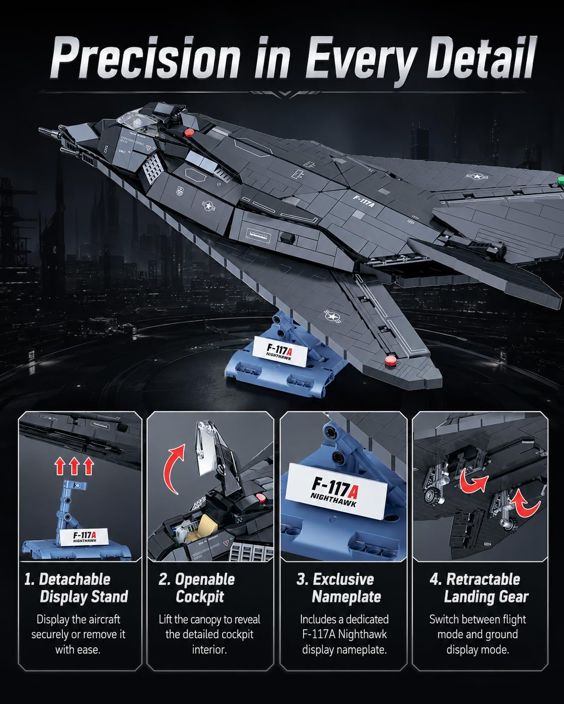 Set de construcción del avión de Combate F-117A, Compatible con Lego, 1375 Piezas, Modelo de avión furtivo de 50 cm con Soporte, Nighthawk Militar