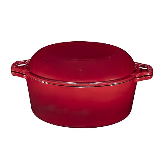 Bruntmor 2-in-1 Enamel Cast Iron Dutch Oven With Handles - Crock Pot Red Cast Iron pot with Skillet lid - All-in-One Cookware Braising Pan for Casserole Dish - 7 Quart, Red