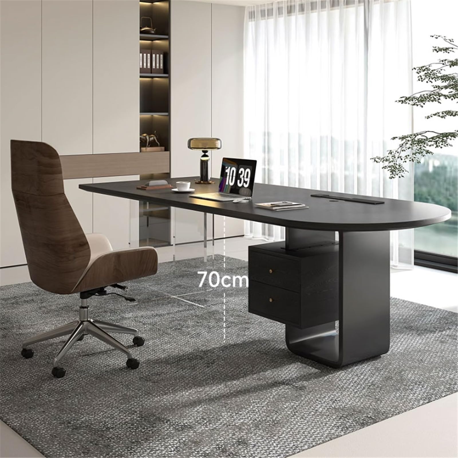 Escritorio de Oficina Escritorio Ejecutivo Moderno de Oficina Negro con cajones Almacenamiento, Mesa Escritura espaciosa for en casa Tomas Carga Mesa para Juegos de portátil(S)