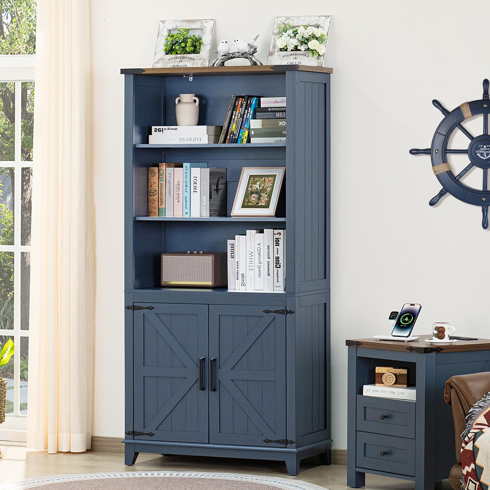 LELELINKY 70in Tall Bookshelf 5 Tier Bookcase with Barn Doors and Adjustable Shelves, Blue Farmhouse Book Shelf with Storage Cabinet, Wood Freestanding Display Bookshelves for Bedroom, Living Room