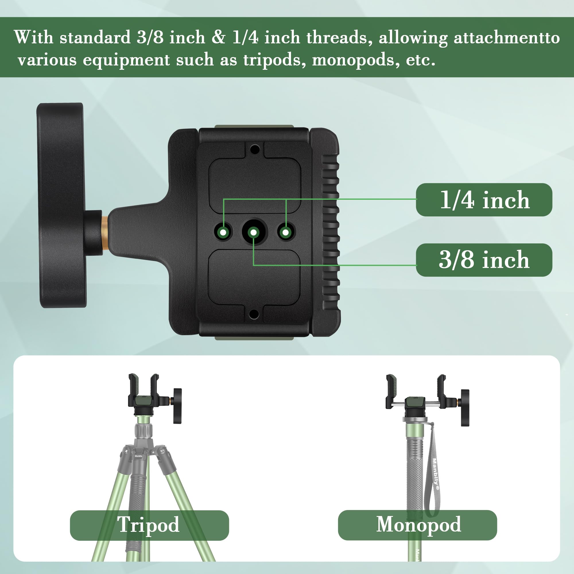 Manbily U-7 Stativkopf, Sattel für das Schießen von Stativen, Aluminiumlegierung Universell Ruhe, Klemme, Montage 1/4" & 3/8" & Arca-Swiss Kompatibilitätsbasis für Einbeine (Grün)
