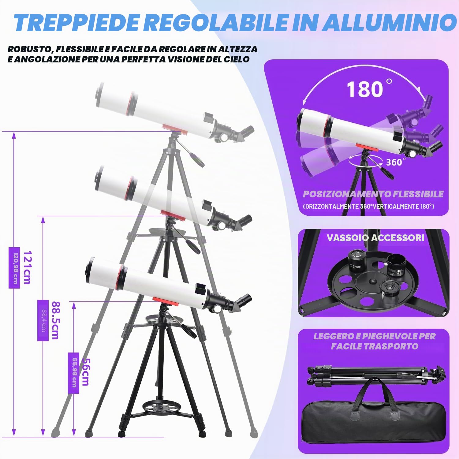 Coolifepro Telescopio Astronomico Professionale, 90/700mm Portatile Telescopio Rifrattore per Bambini e Principianti con Treppiede Regolabile, Adaptador para Teléfono, Filtro Lunare, Borsa