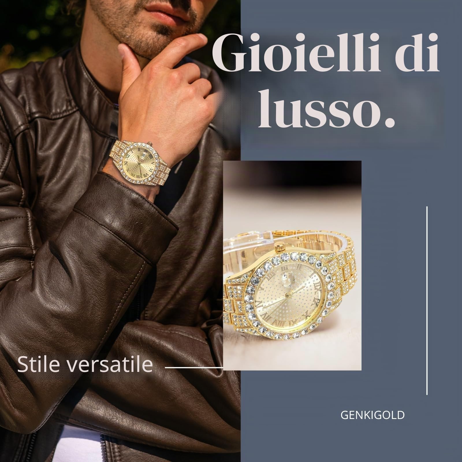Orologio con Diamanti per Uomo – Quadrante Rotondo 43mm con Numeri Romani – Placcato in Oro 18K/Platino 22,5cm – Quarzo Giapponese – Gioiello di Lusso – Può essere Abbinato a Catena Cubana