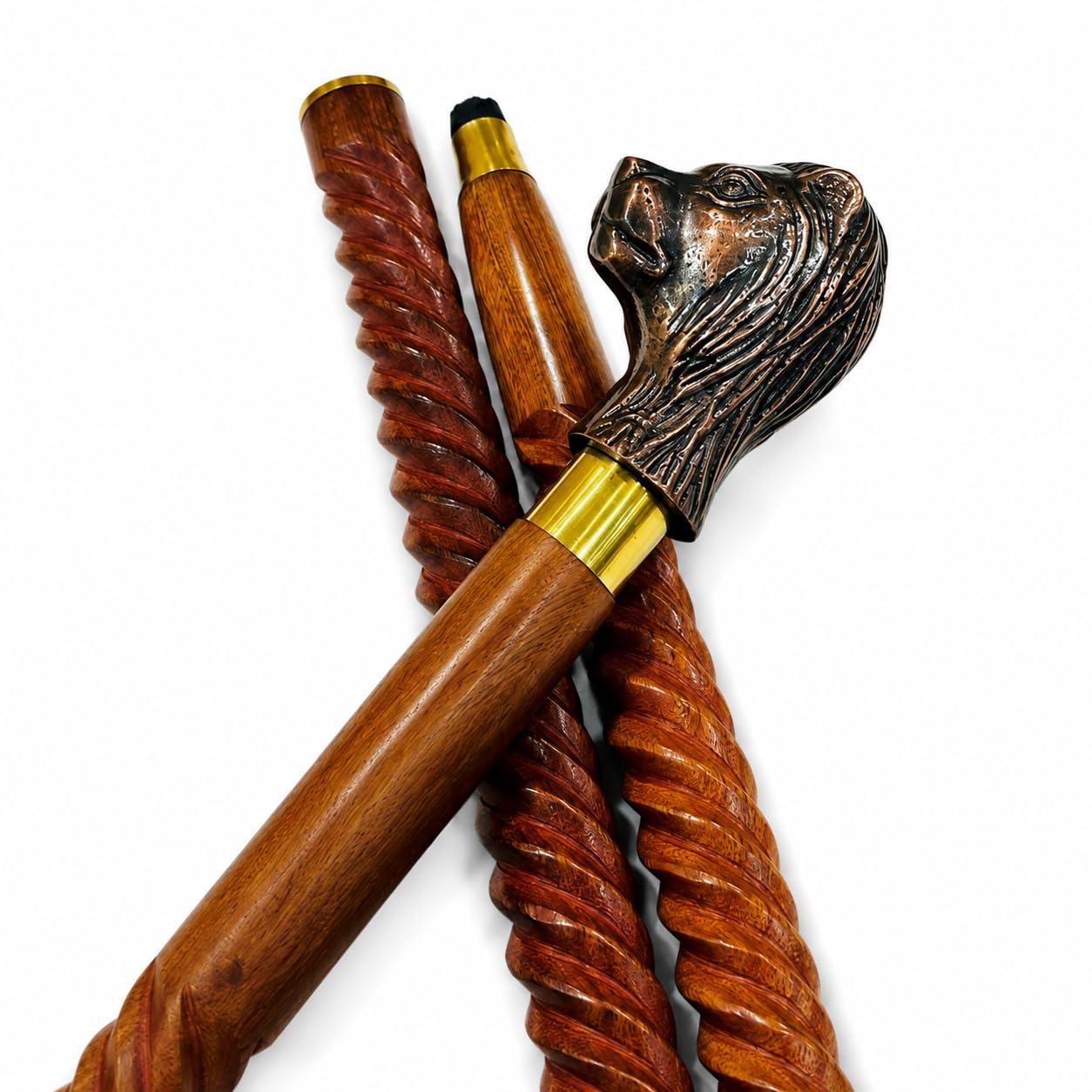Bastone da passeggio in legno anticato fatto a mano, manico in ottone massiccio, stile vintage (bastone da passeggio in legno pieghevole in 3 pezzi)
