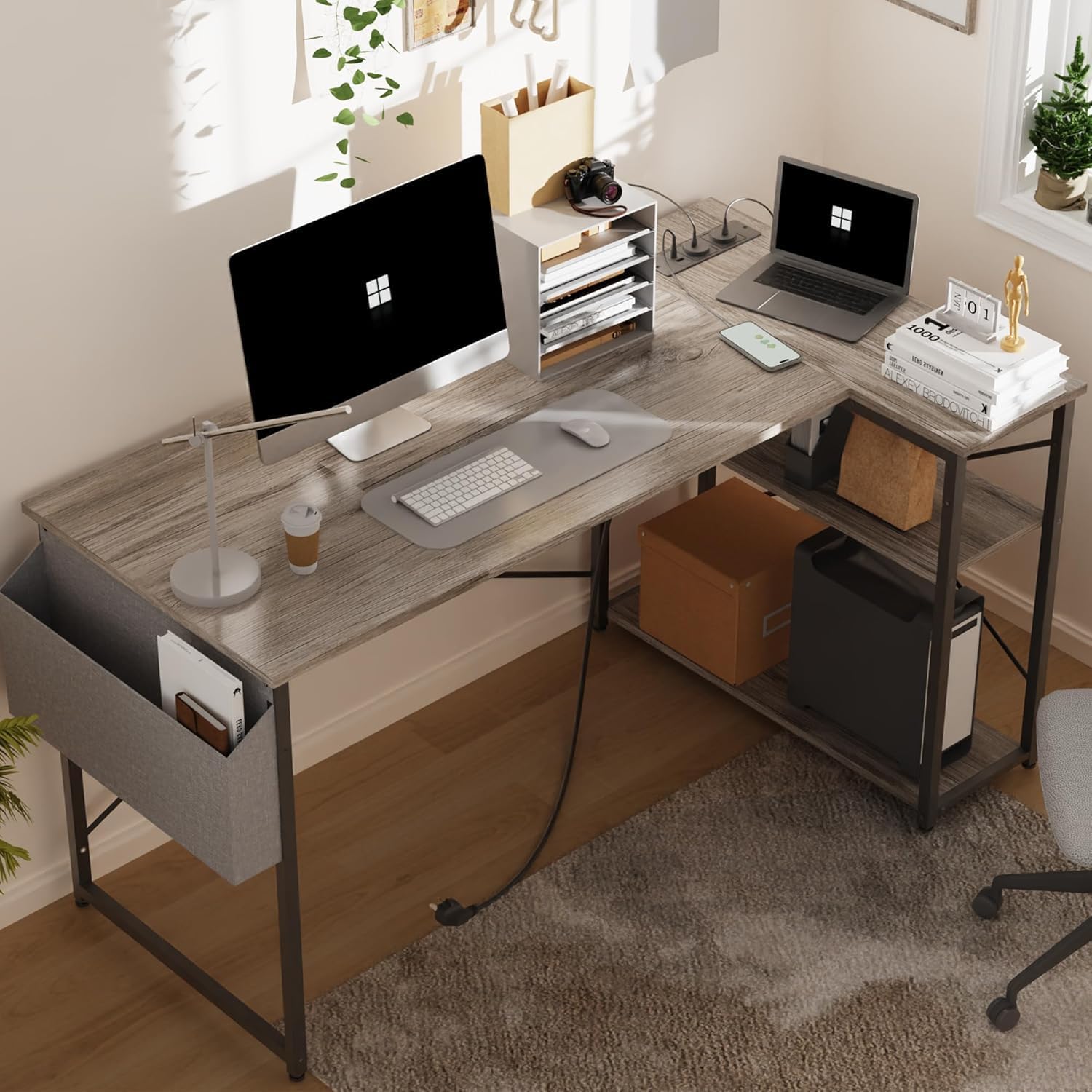 TIQLAB L-shaped desk with power outlets, 55" corner desk