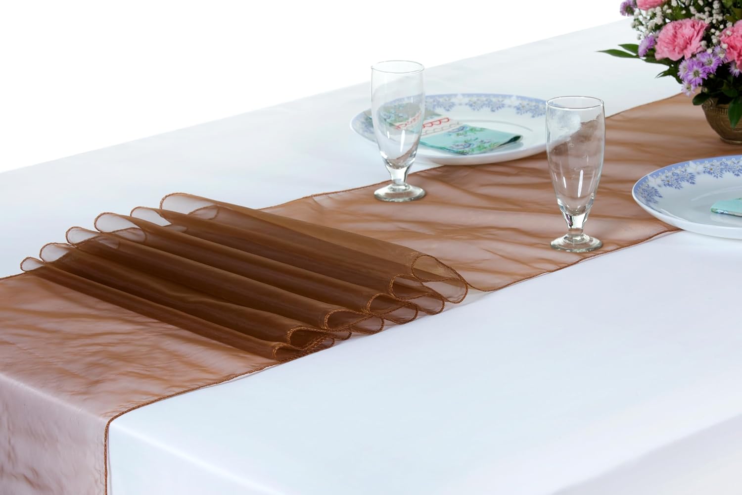 MDS® Pack of 20 Organza Table Runner 12 x 108 Inch – Sheer Lightweight Decorative Table Runner for Wedding, Party, Reception, Banquet, Bridal Shower & Holiday Dinner Table Décor - Coffee