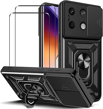 Case for Infinix Note 40 Pro 5G with Tempered Glass Screen Protector [2 Pack],Sliding Camera Window, Kickstand, Shock-Proof Anti-Scratch Dual-Layer Phone Cover, Black