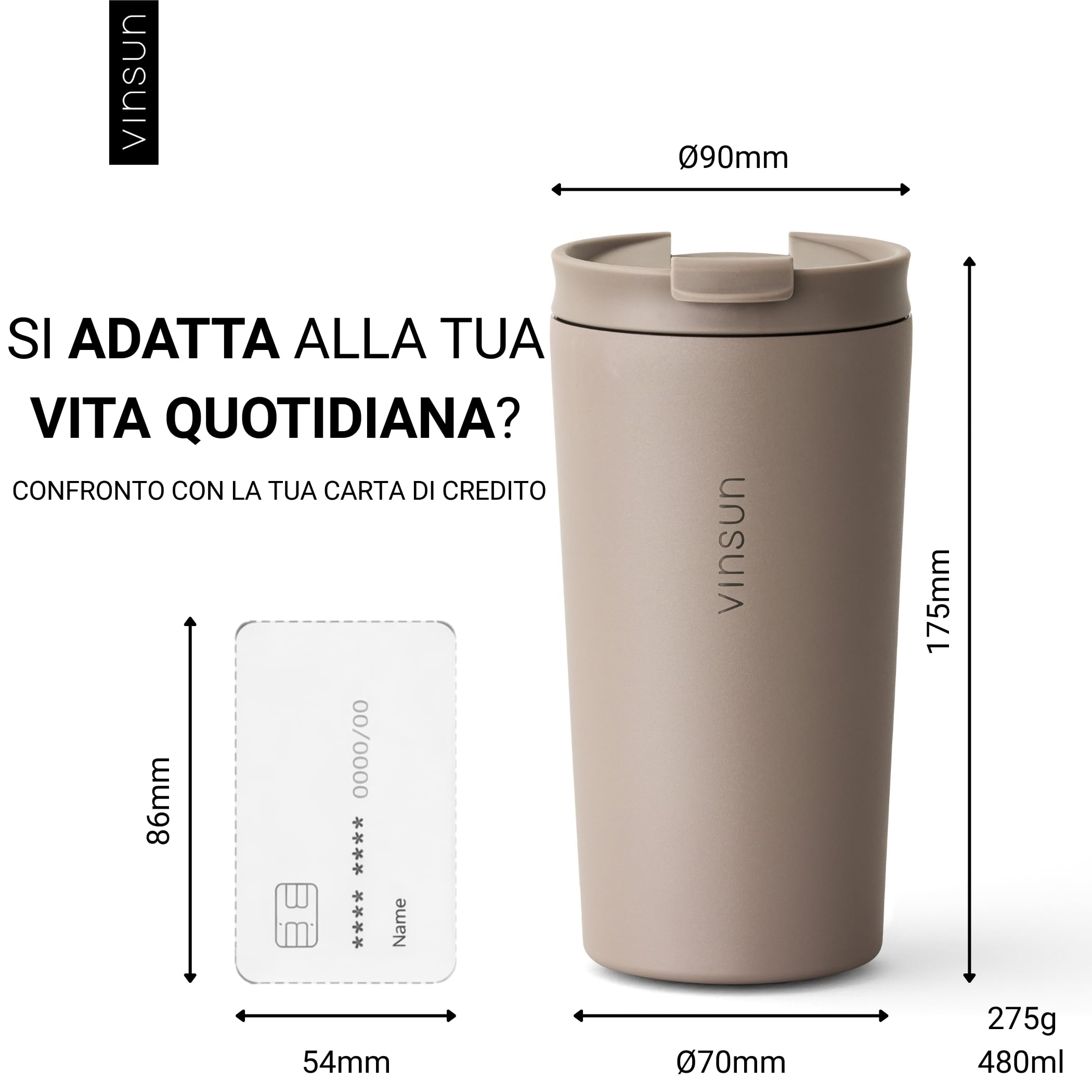 VINSUN Tazza Termica con Cannuccia 480ml - Acciaio Inox, Prova di Perdite, Isolamento a Doppia Parete, Leggera - Termos Caffè Due Coperchi per Viaggio