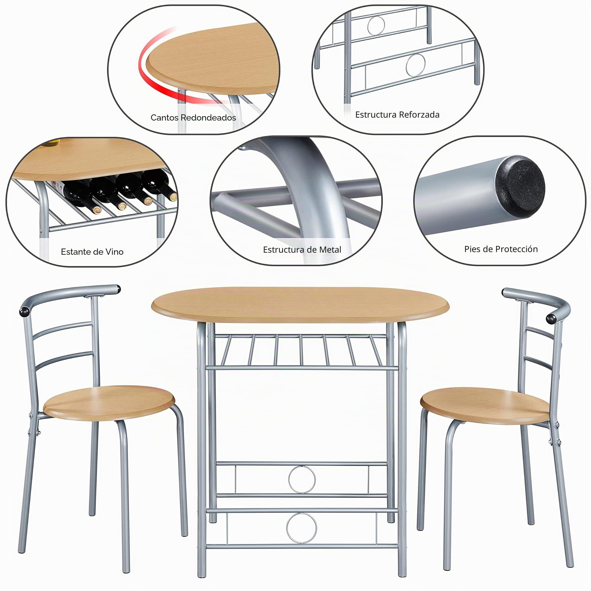 Yaheetech Juego de Comedor de 3 Piezas con Estante para Vinos, Mesa y 2 Sillas para Cocina, Muebles Ahorro de Espacio con Almacenaje, Medidas 90 x 53 cm, Estilo Moderno Color Madera