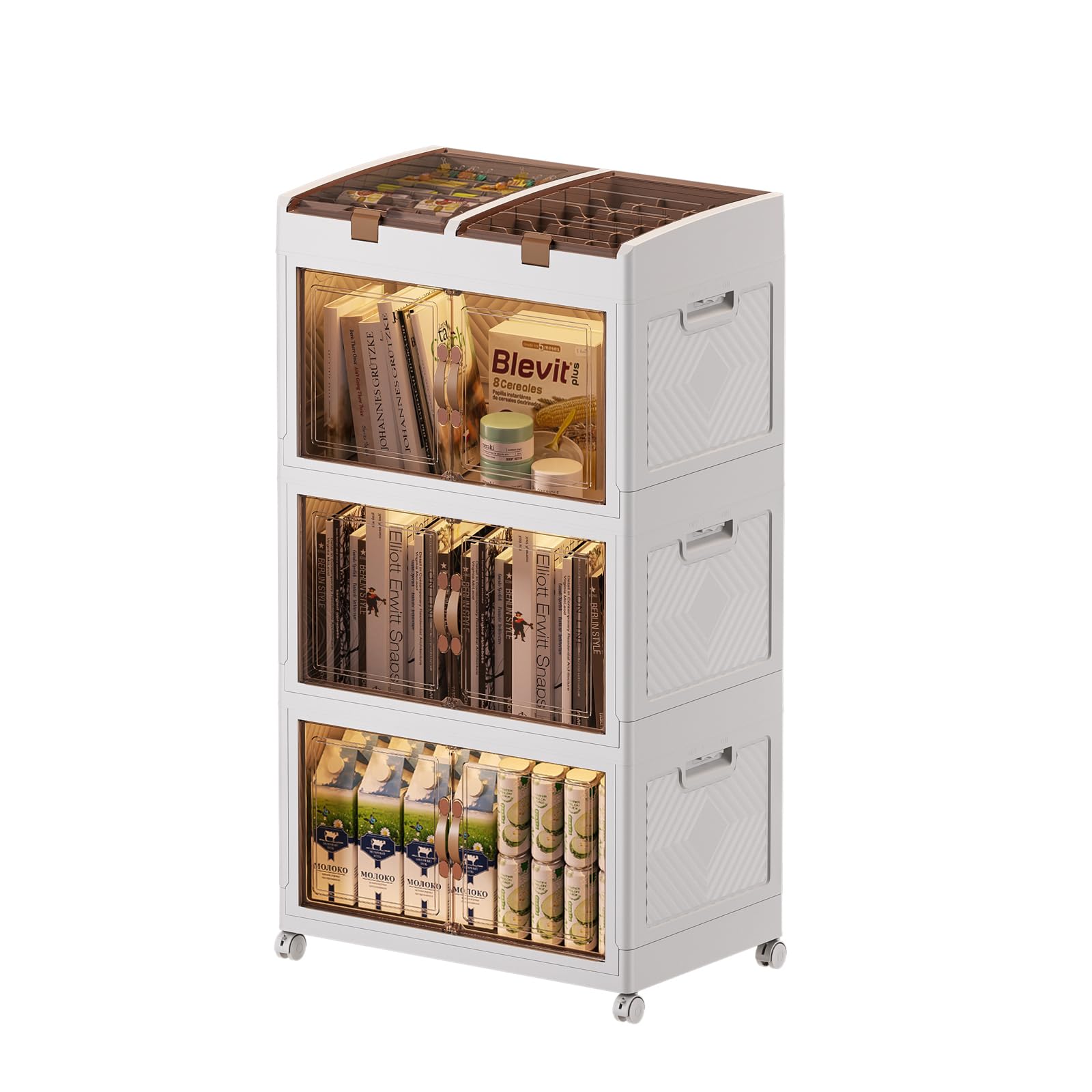 Caja de almacenamiento de plástico con tapa, organizador de armario plegable de 166 L, unidad de almacenamiento apilable con ruedas, cubos de almacenamiento con puerta de apertura para cocina, baño,