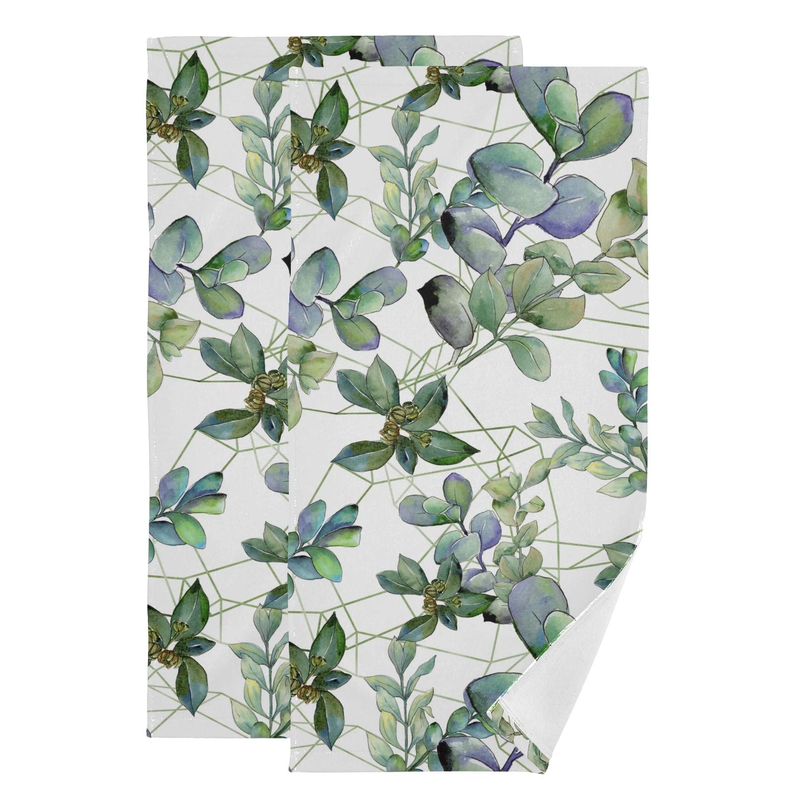 ALAZA Green Eucalyptus Leaves White Magnolia Tree Hand Towel Set 2 Bathroom Bath Towels Absorbent Soft Kitchen Dish Towels Guest Towel Quick Drying Washcloths for Hotel Gym Spa Home Decor