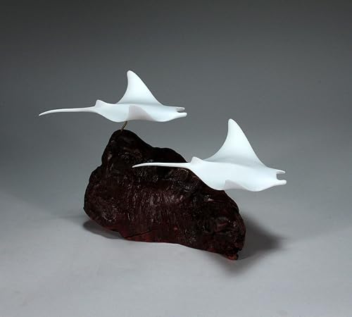 Manta Ray Duo Sculpture by John Perry White Statue on Wood 8in Tall