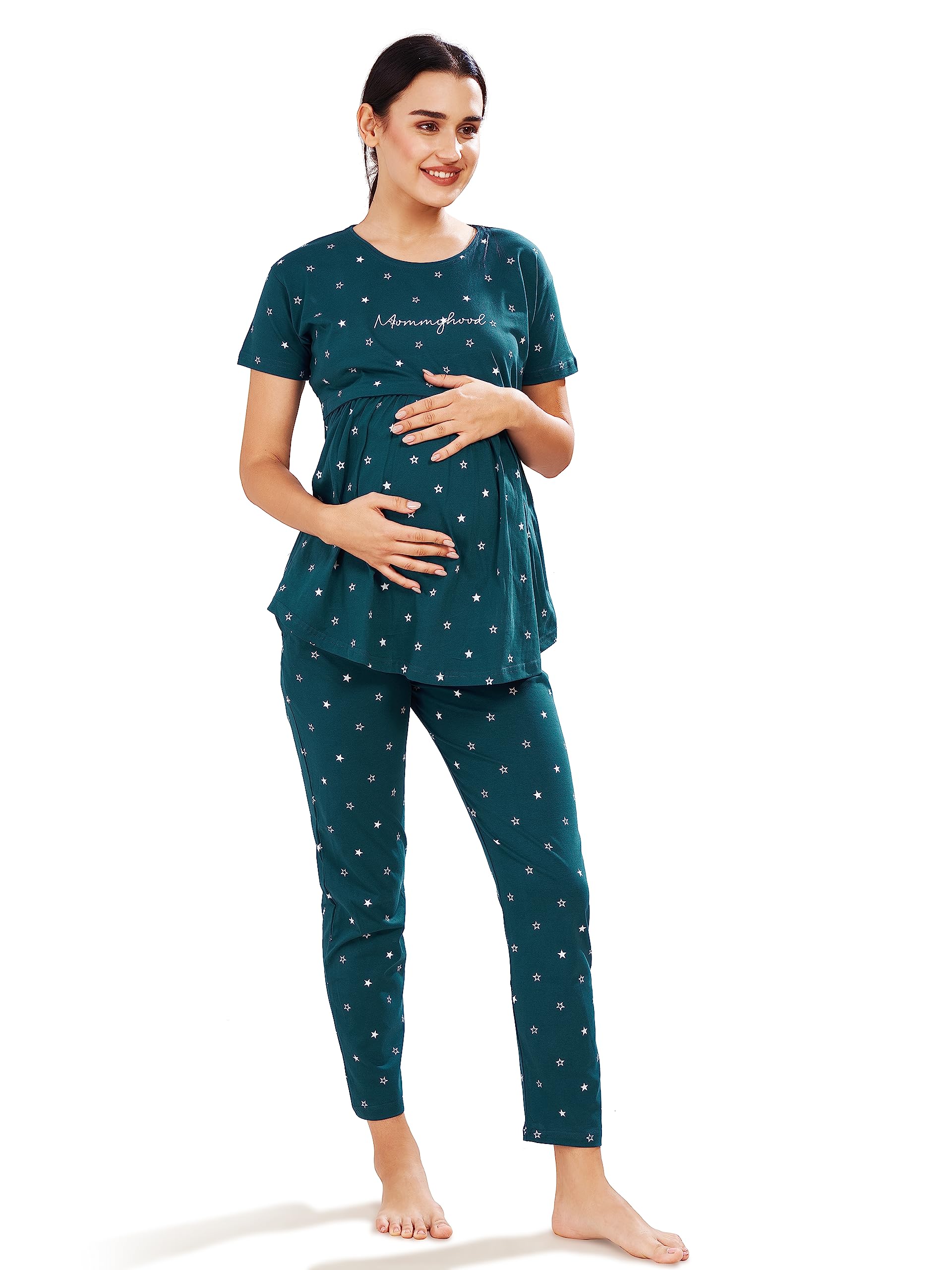 PASTEL CLIP Women Cotton Star Printed Relaxed Maternity Night Suits for Women Feeding 7002-7003