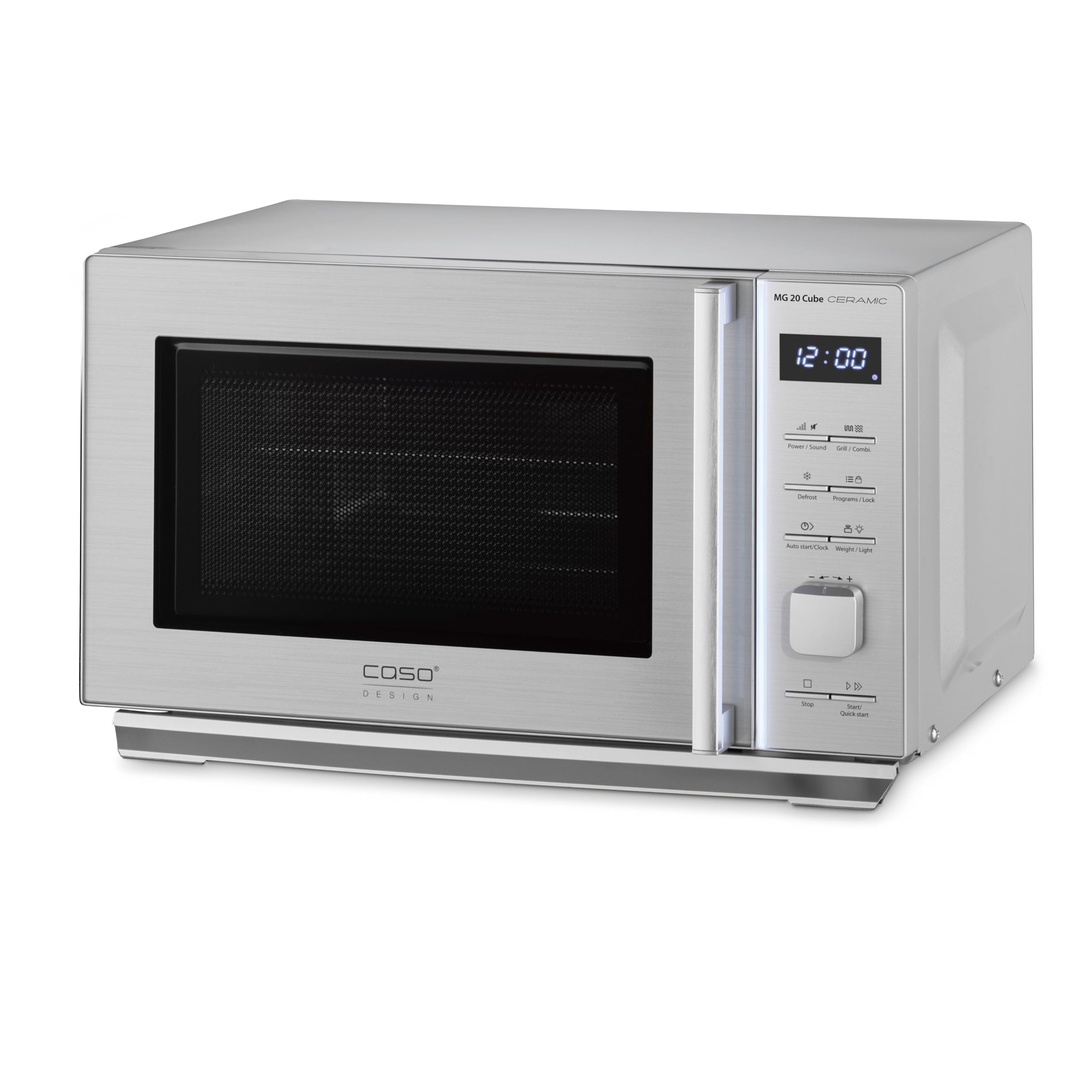 CASO MG 20 Cube Ceramic - Microondas 2 en 1 sin plato giratorio con grill de 1000W - Capacidad de 20L - 13 programas automáticos - con bloqueo para niños - Caso CUBE Controller - plateado
