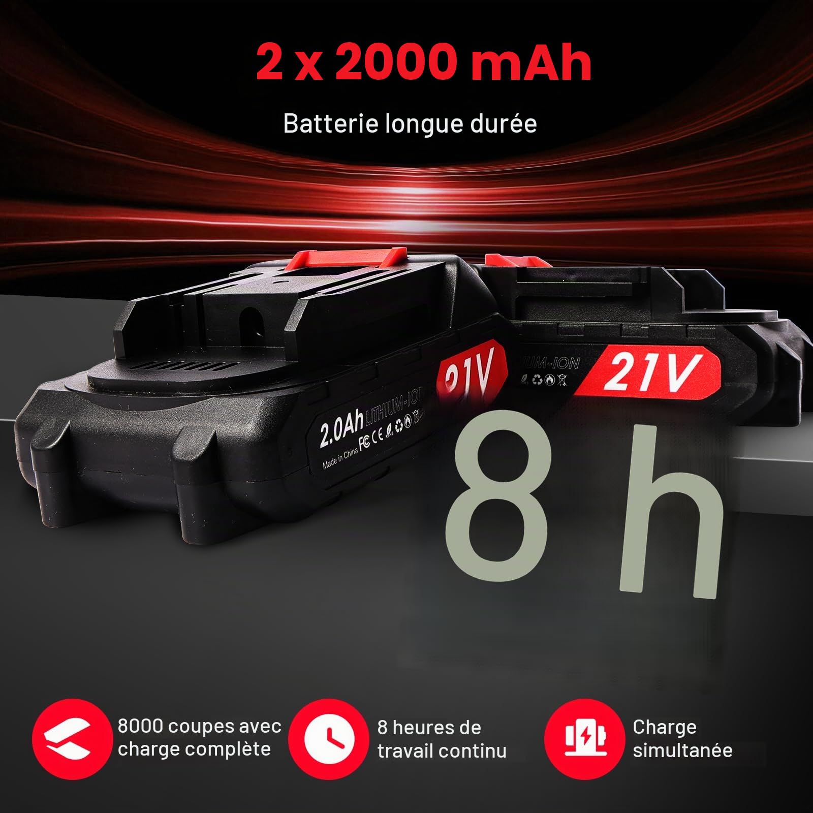 Sécateur Électrique 30mm, Coupe Branche 21V avec 2×2000mAh Batteries Rechargeables, Lame SK5, Autonomie Longue pour Taille Arbres Fruitiers, Vignes, Oliviers et Haies