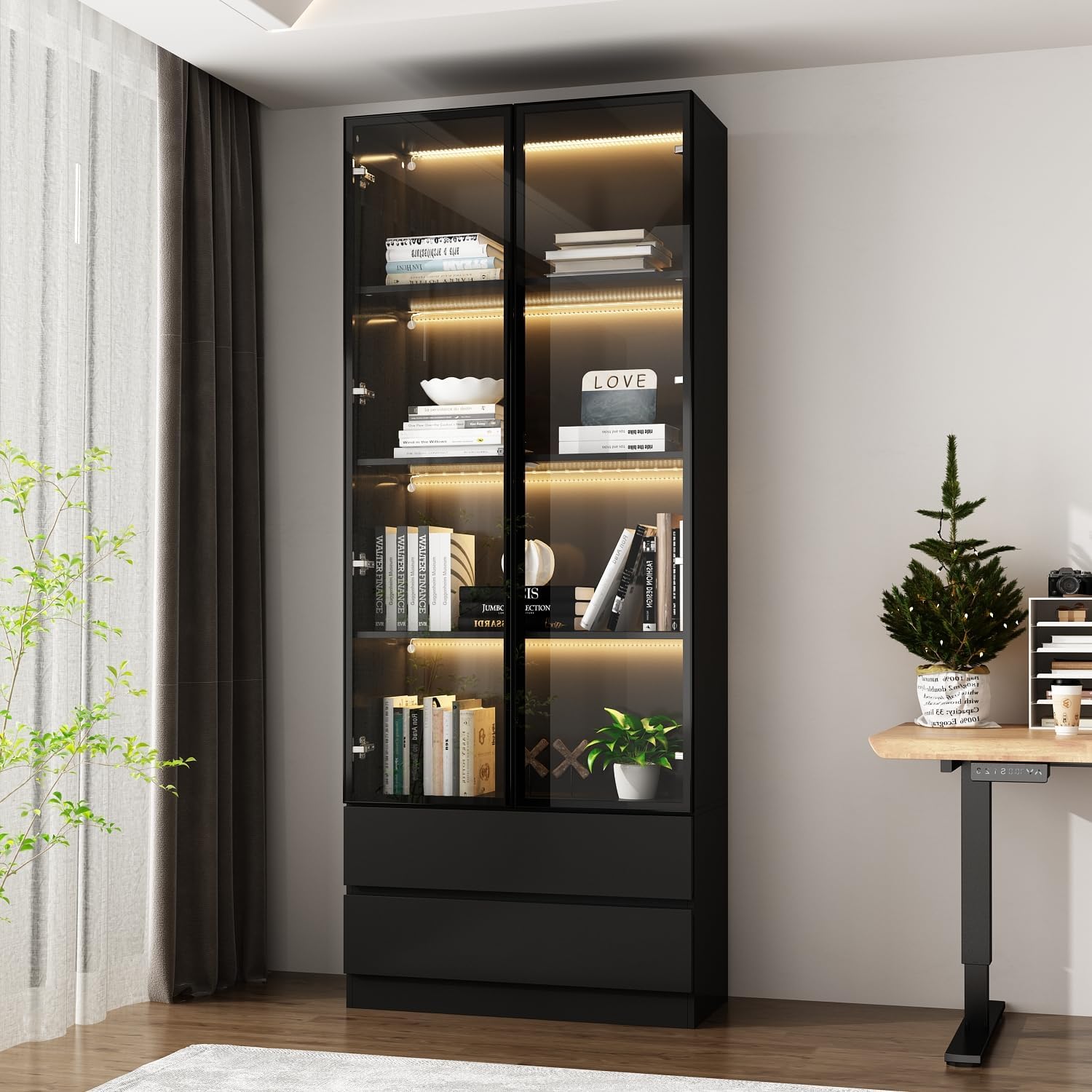 Curio Display Cabinet with Light, Storage Shelves with Pop-up Glass Doors, 2 Drawers & 3 Color Light, Collectibles Cabinet Display Shelf, Bookshelf Showcase for Living Room, Black w/Drawer