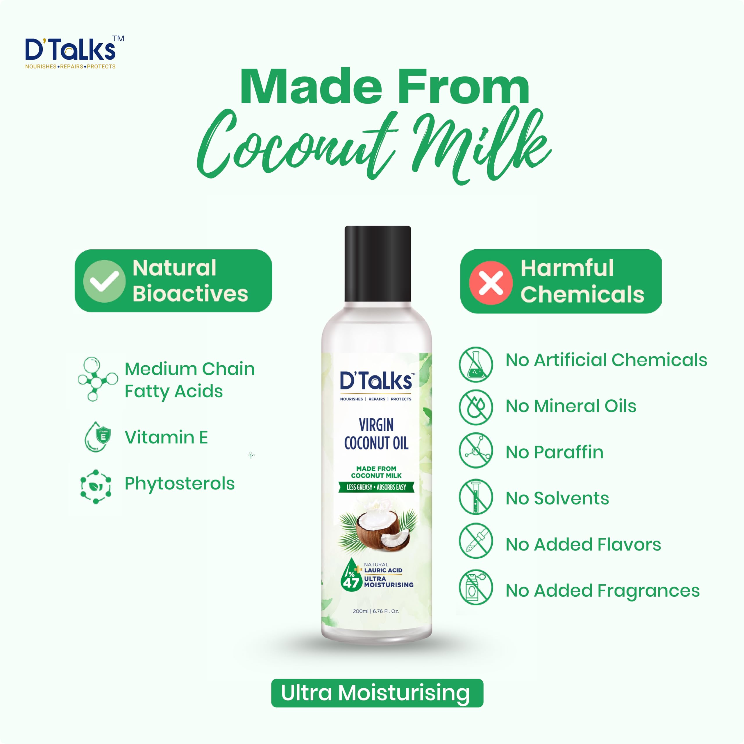 D'Talks Virgin Coconut Oil | Extracted from Coconut Milk | Less Greasy ; Absorbs Easy | Food, Skin & Hair application | Cold Pressed | 100% Pure & Natural | 200ml | - Image 6 thumbnail