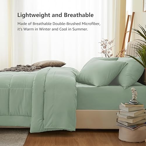 Miniatura 2 de CozyLux Juegos de edredón tamaño Queen  Juego de cama en una bolsa de 7 piezas verde salvia, juegos de ropa de cama Queen con edredón acolchado para