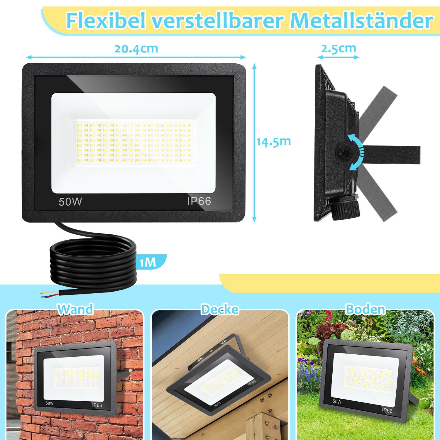 Foco LED exterior de 50 W, 10 unidades, regulable, 3000 K/4000 K/6500 K, IP65, resistente al agua, foco exterior para jardín, patio, puertas, césped, garaje [clase energética E]