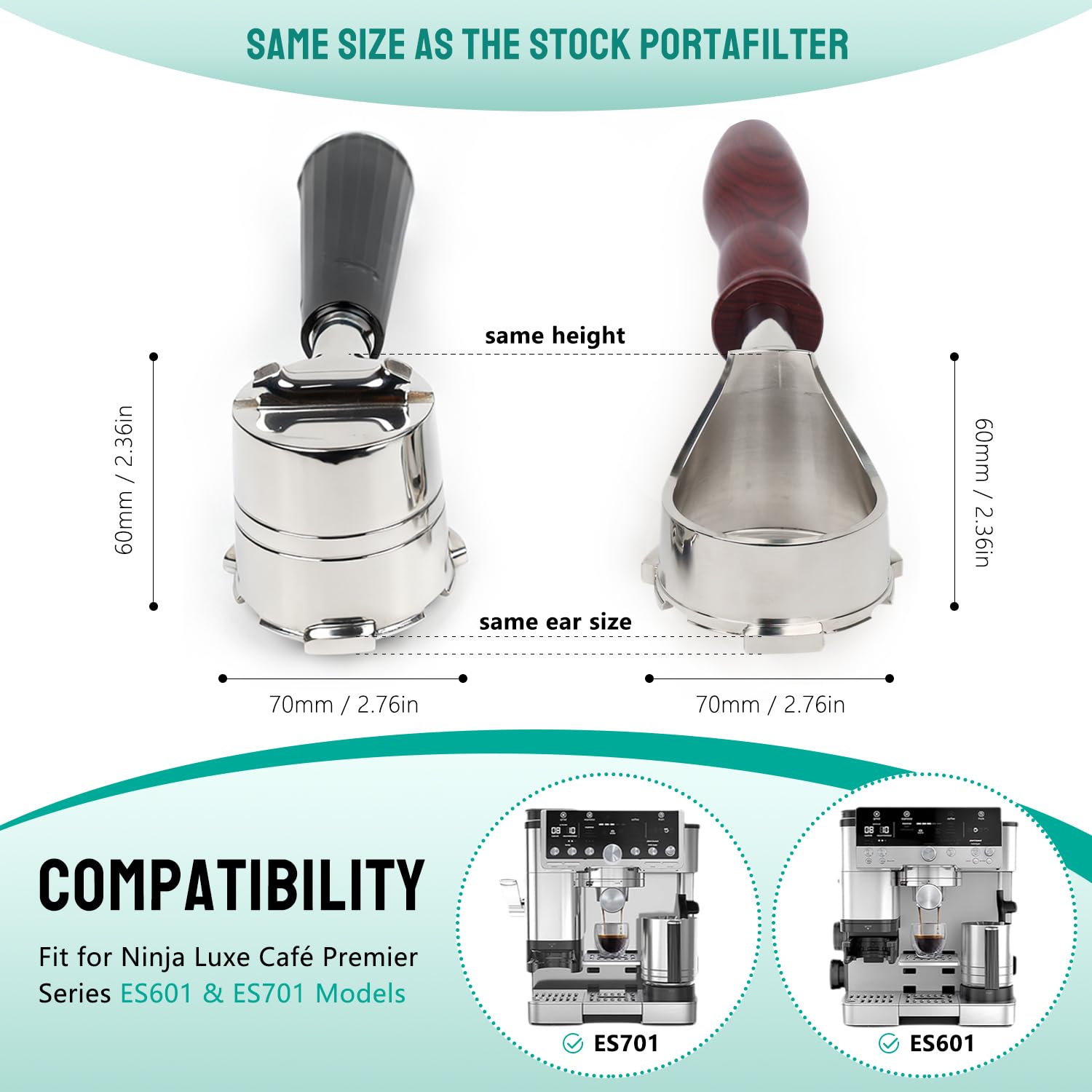 Portafiltro sin fondo para modelos Ninja Luxe Café ES601 y ES701C | Cesta de filtro no incluida | Compatible con cesta de filtro | Mango ergonómico de madera