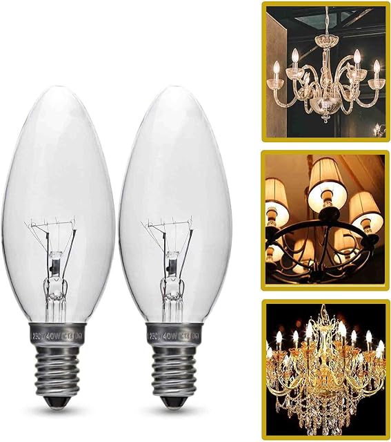 Drive Pro 40W E14 Bulb Pack of 2 40W Candle Clear Light Screw Bulb, SES Bulb 40W Screw Bulb, Dimmable 40W Screw Bulb Clear Crystal, Decorative, E14 40W Bulb Use for Base Lamps and Oher Multiple Uses