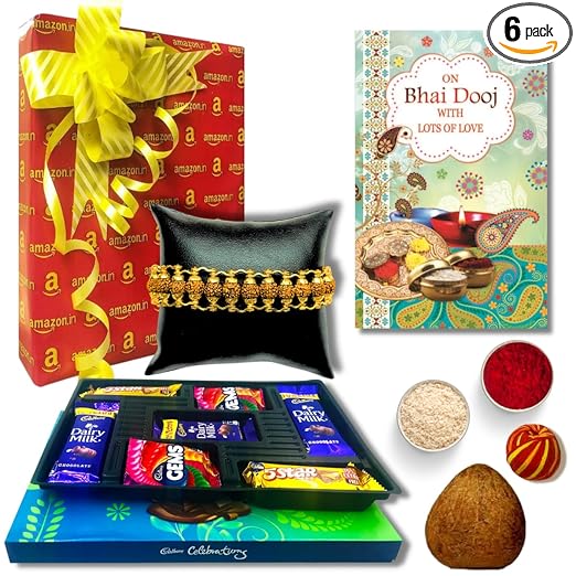 Almoda Creations Bhai Dooj Gift Set for Brother with Ethnic Rudrakash Bracelet, Dry Coconut, Cadbury Celebration Pack, Thread, Tilak Pouch & Gift Message & Wrapping