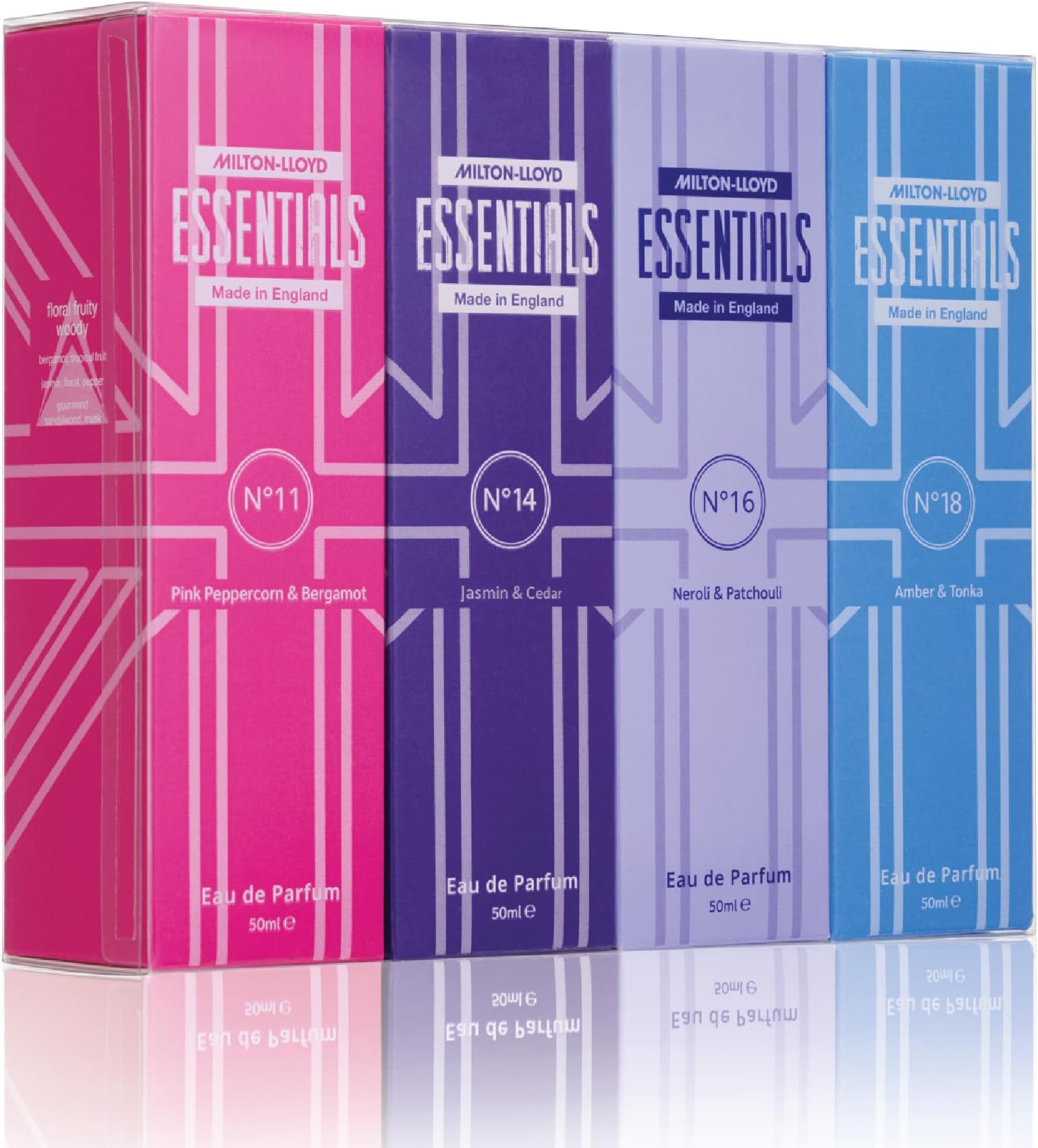 MILTON-LLOYD ESSENTIALS No 11, No 14, No 16, No 18 Ladies Perfume Set, Perfumes for Women. Set of 4 x 50ml Eau de Parfums. Luxury Fragrance, Long Lasting Milton-Lloyd Womens Perfumes