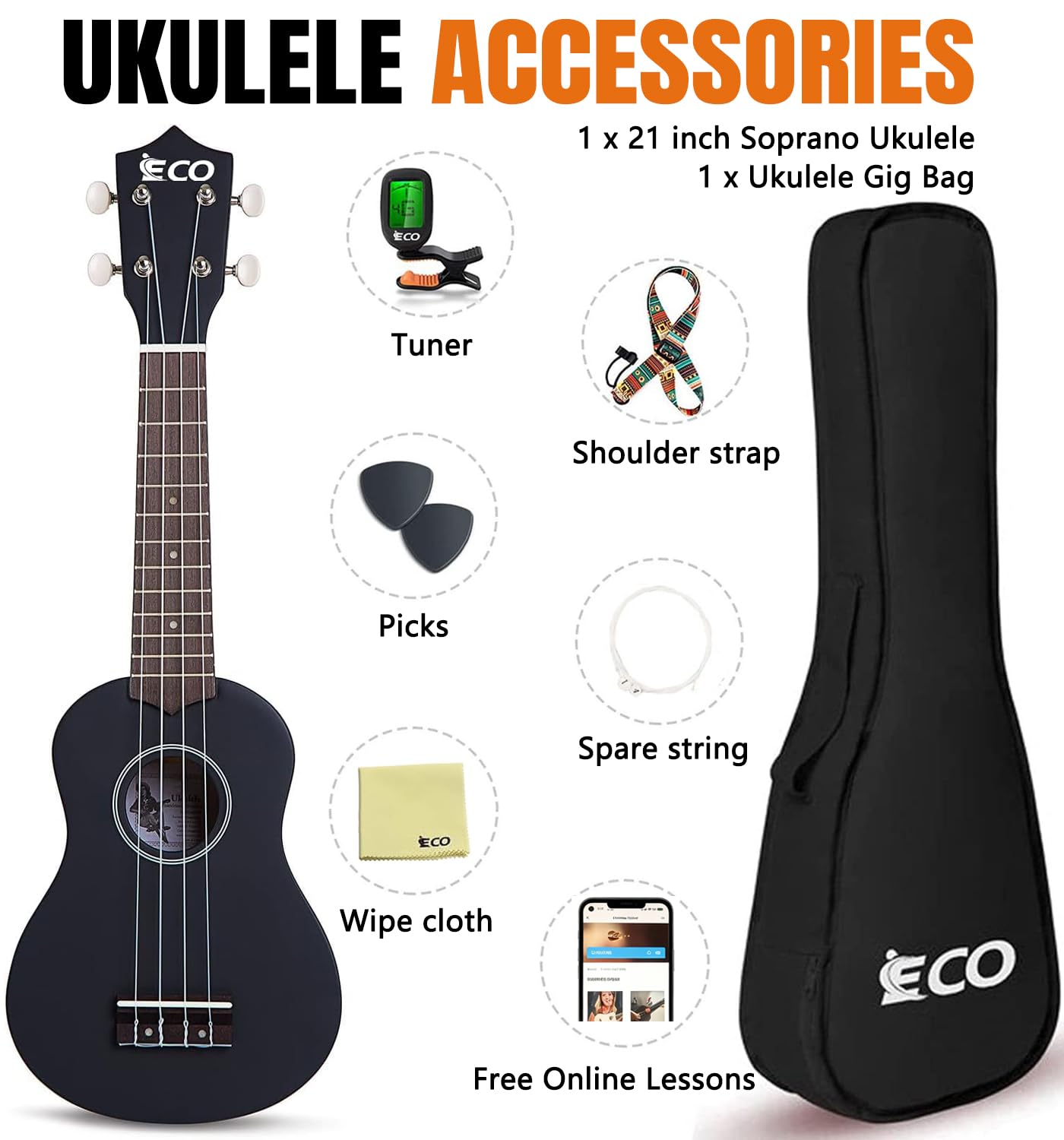 Kit de débutant ukulélé soprano pour enfants et débutants, Ukelele 21 pouces avec recueil de chansons, étui, sangle, accordeur, cordes et médiators